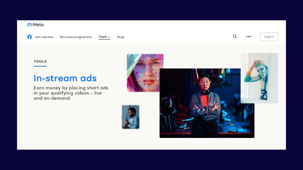 Meta website showcasing in-stream ads tool for monetizing videos with short ads, featuring images of various creators - OCH Creative Marketing Agency Meta website showcasing in-stream ads tool for monetizing videos with short ad breaks, featuring images of various creators.