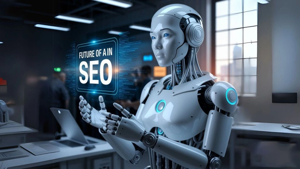 Challenges and Ethical Considerations - OCH Creative Marketing Agency Robot showing Future of AI in SEO text in a modern tech office